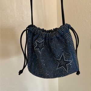 Elegant Denim Studded Drawstring Bag